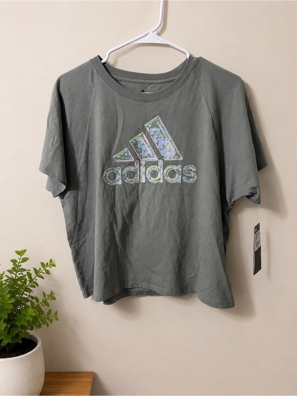 adidas Gray Short-Sleeve Logo Tee with Iridescent Accent